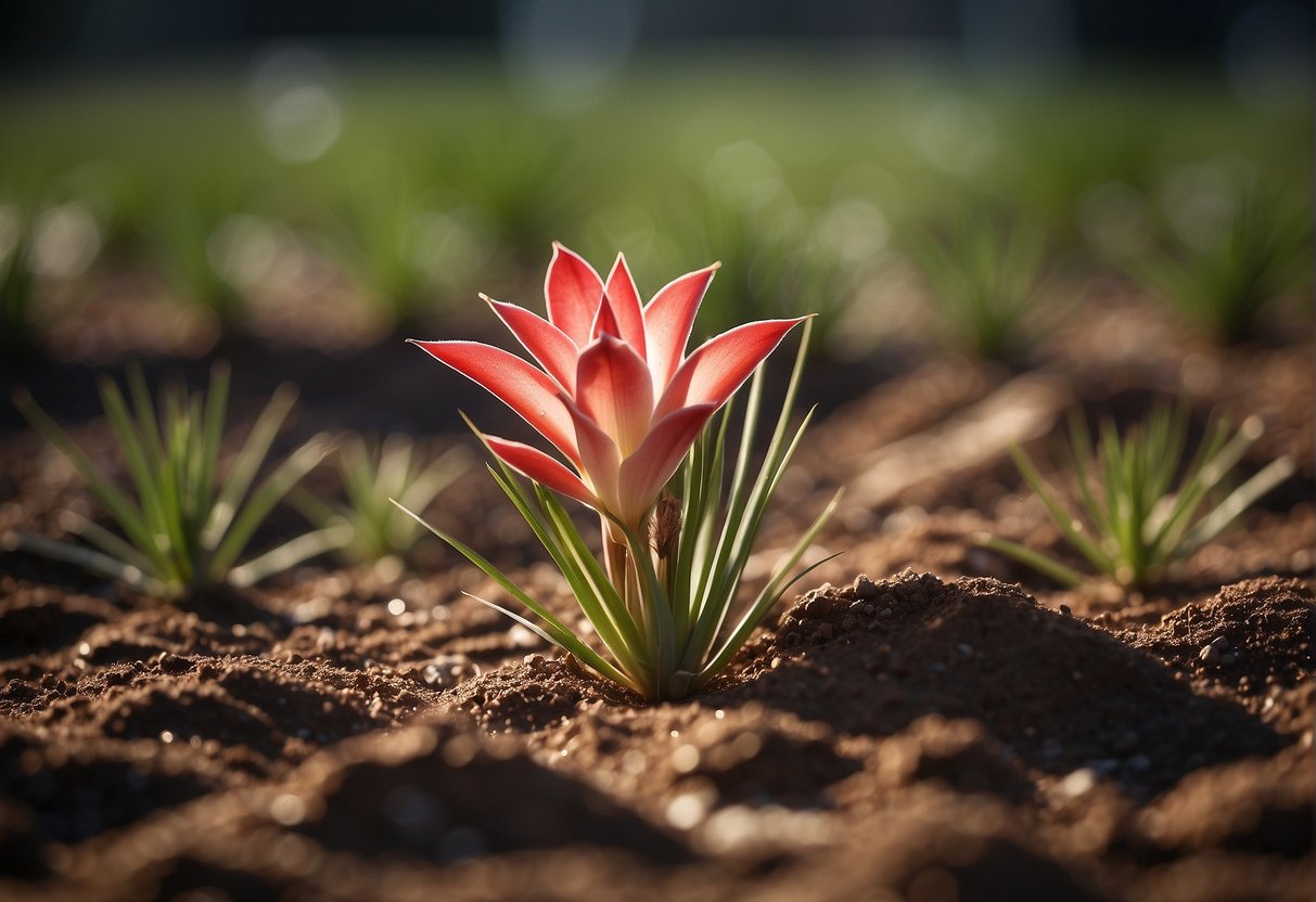 Red yucca plant in a well-draining soil, receiving 1 inch of water every 7-10 days, with deep watering to encourage root growth