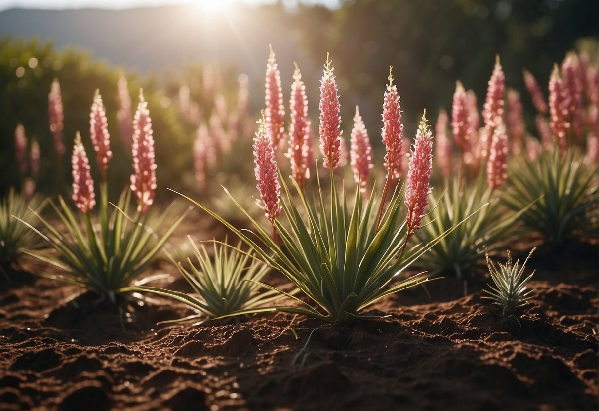 Red yucca plants being watered with a moderate amount, soil moist but not waterlogged, under bright sunlight