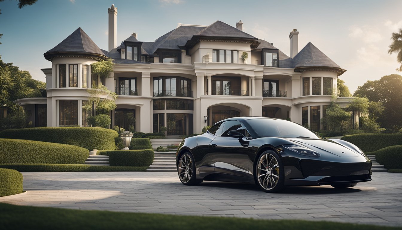 A luxurious mansion with a sleek sports car parked out front, surrounded by lush greenery and a view of the city skyline in the background