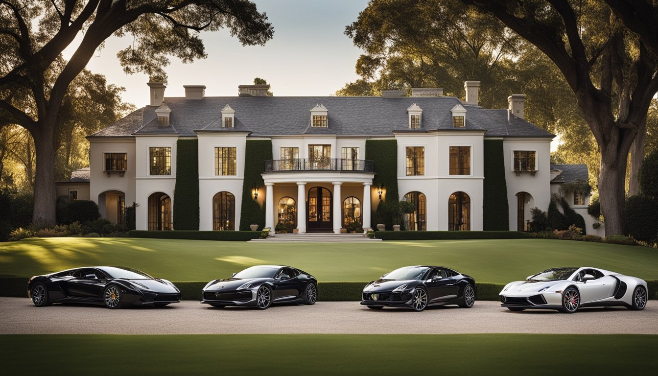 A lavish mansion with luxury cars parked outside, surrounded by a sprawling estate and a private golf course, symbolizing Charlie Woods' immense net worth