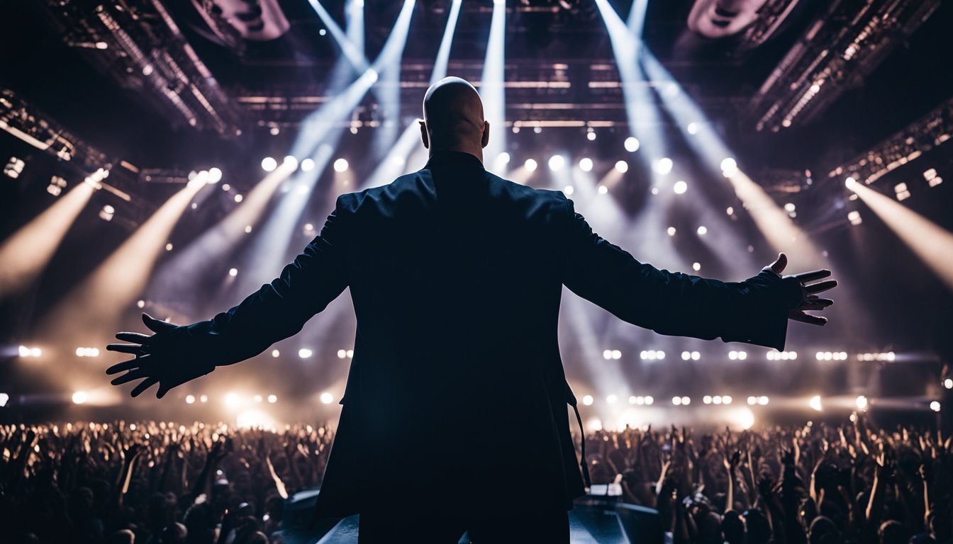 David Draiman's iconic silhouette on stage, surrounded by a sea of adoring fans, with intense lighting casting dramatic shadows