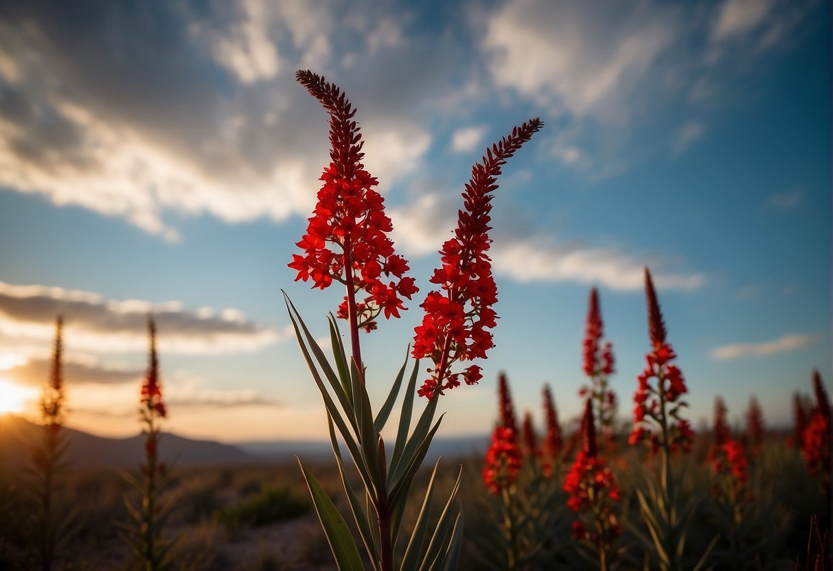 Red yucca plants rapidly grow, shooting up tall, slender stalks crowned with vibrant red flowers. The leaves are long, narrow, and sharp, creating a striking silhouette against the sky