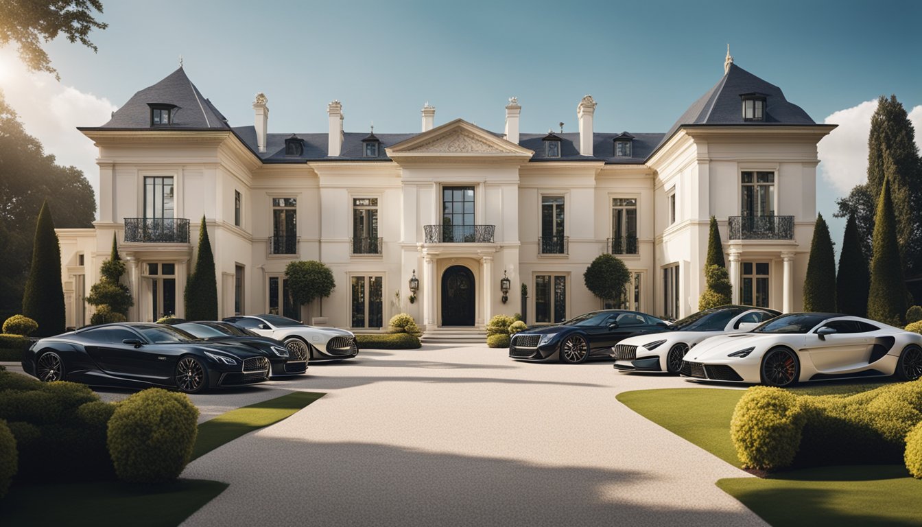 A luxurious mansion with a grand entrance and a sprawling garden, surrounded by expensive cars and designer clothing
