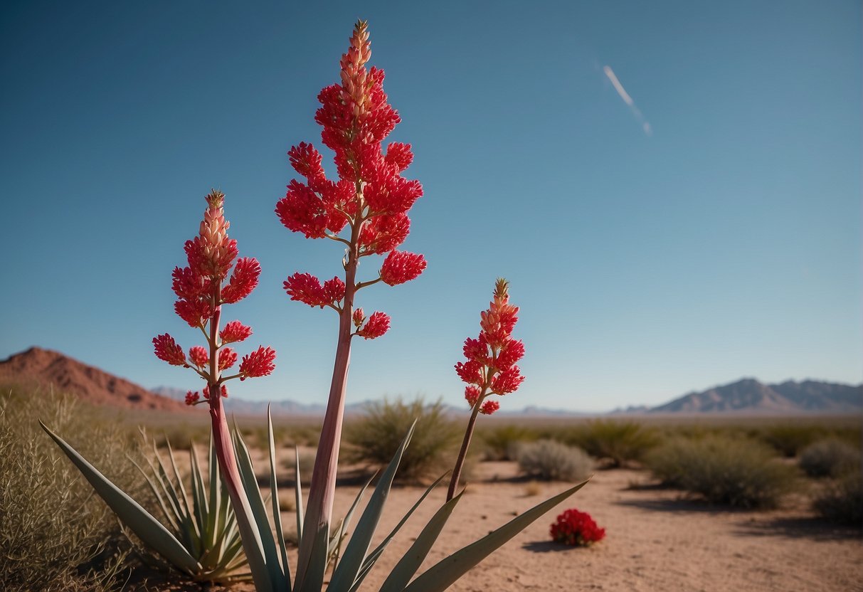 A red yucca plant grows rapidly, its long, slender leaves shooting up towards the sky. The vibrant red flowers bloom at the top, adding a pop of color to the desert landscape