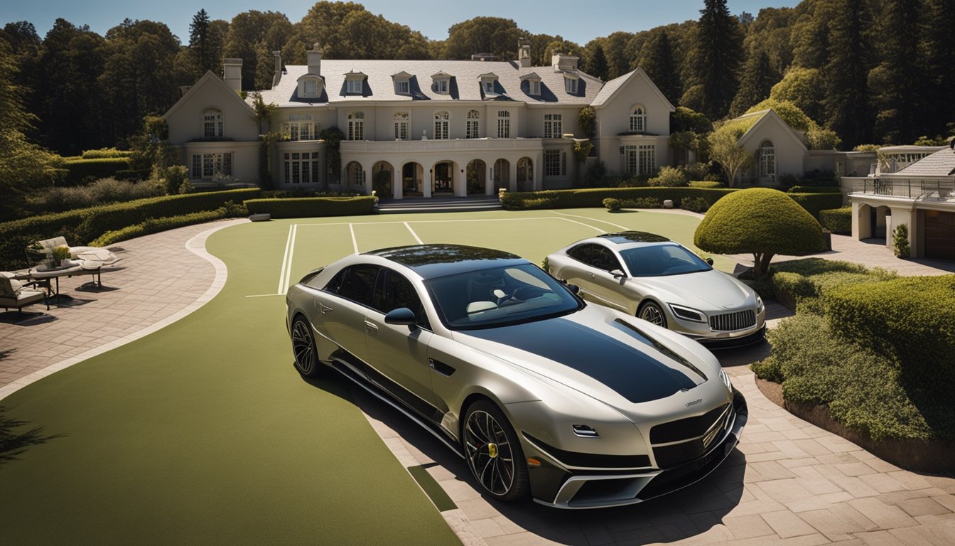 A luxurious mansion with a sprawling estate, fancy cars parked in the driveway, and a private tennis court with the brand "Everlast" prominently displayed