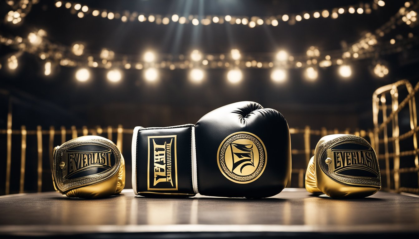 A boxing glove with the Everlast logo sits on a pedestal, surrounded by shining trophies and championship belts. The brand's net worth is displayed prominently in the background