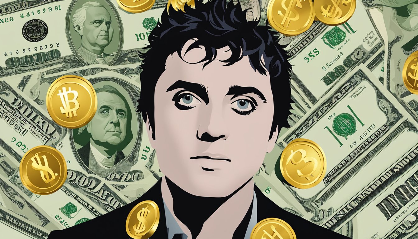 Billie Joe Armstrong's net worth displayed in bold font with a dollar sign. Surrounding the text are piles of cash and gold coins, symbolizing his wealth