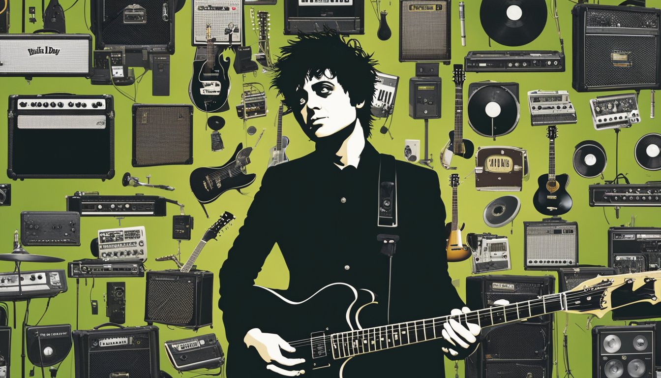 Billie Joe Armstrong's early life and career illustrated with musical instruments, concert venues, and iconic Green Day album covers