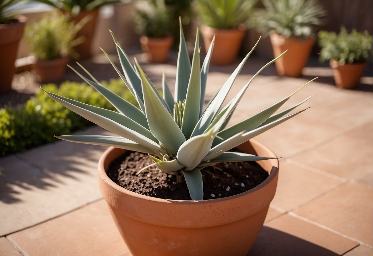 A yucca plant sits in a terracotta pot on a sunny patio in Southern California. The soil is dry to the touch, indicating it needs watering