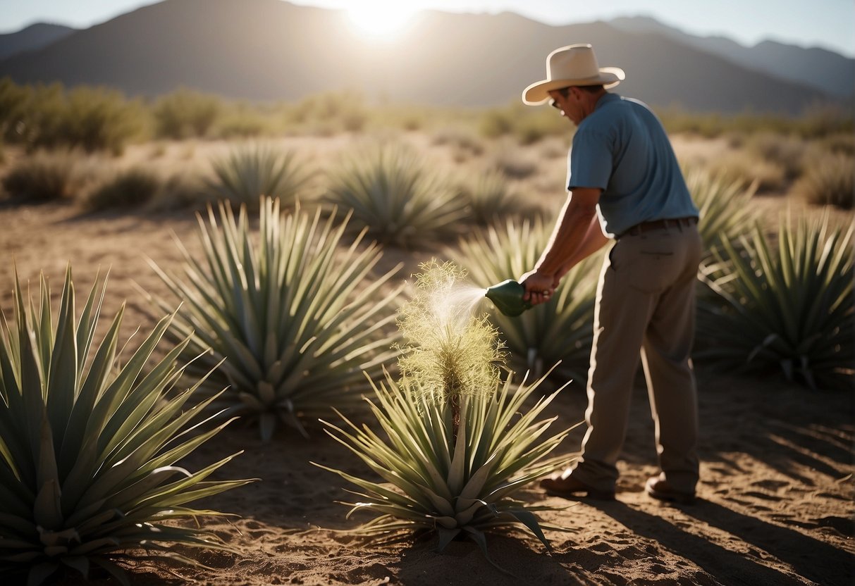 A person watering yucca plants in a dry Southern California landscape. The sun is shining, and the soil is dusty