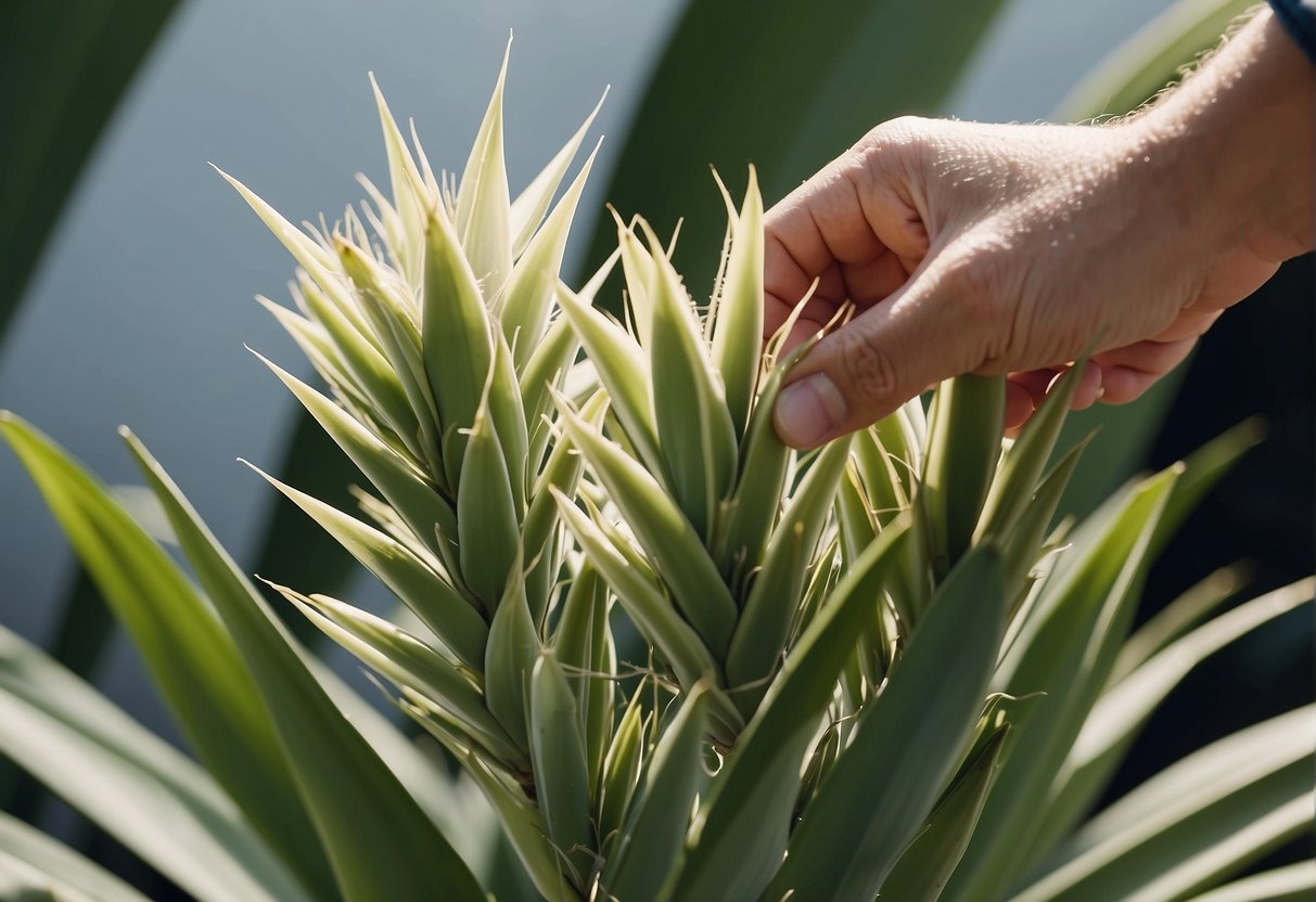 Yucca plants with stain speckles being gently wiped clean with a soft cloth and a mild cleaning solution, leaving the leaves looking fresh and vibrant