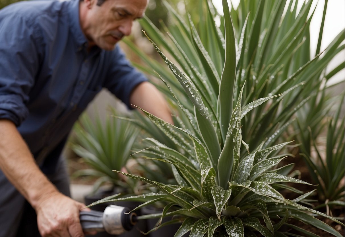 Yucca plants covered in stain overspray speckles, with a frustrated homeowner attempting to remove them using various cleaning solutions and tools