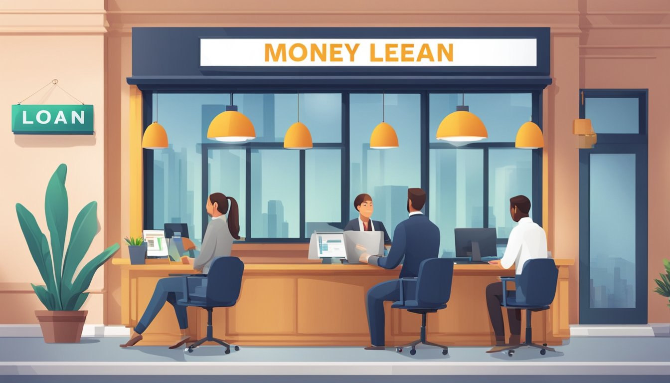 A money lender's office with various loan options displayed on a signboard. Customers sitting at desks discussing different types of loans with staff