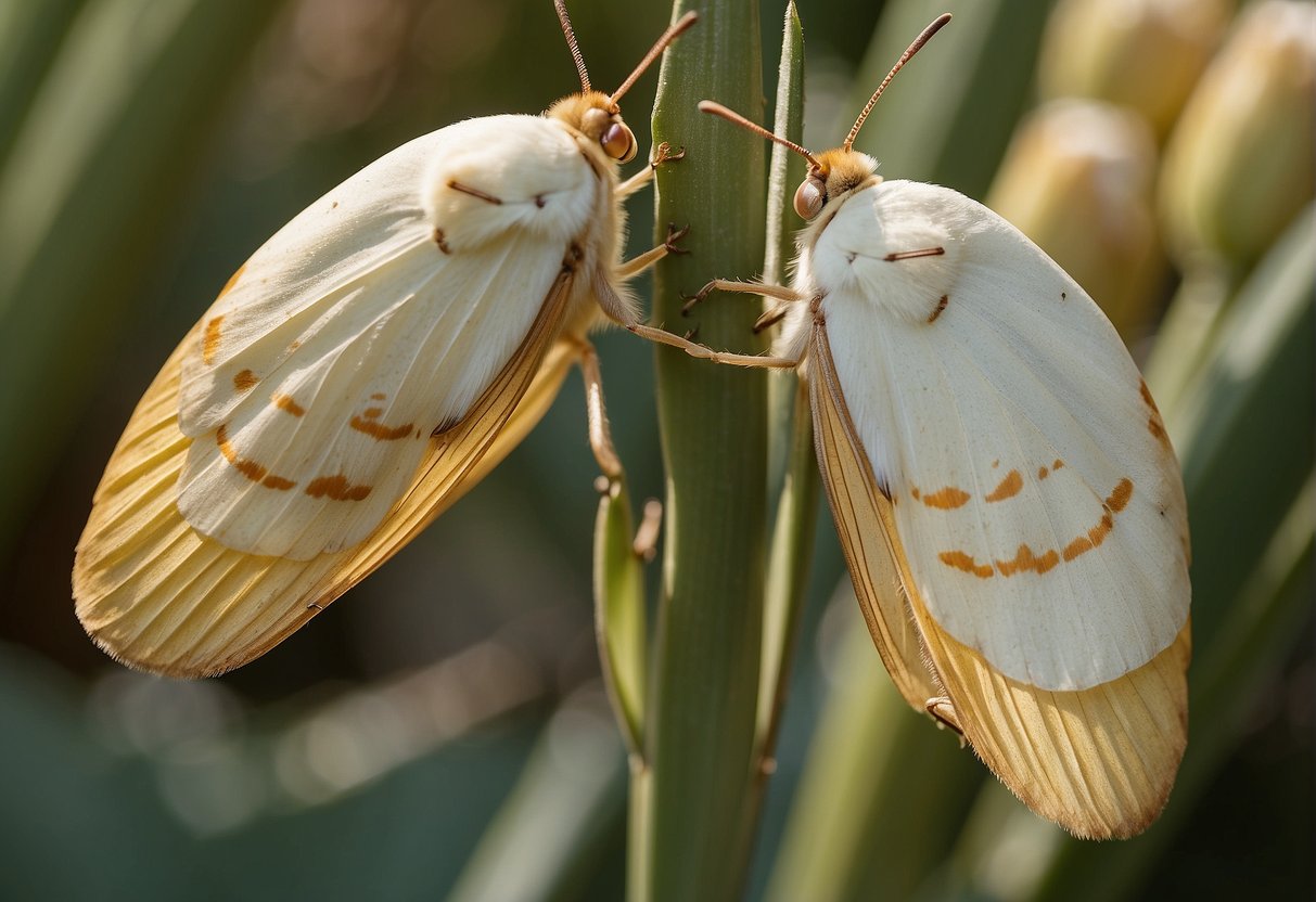 Yucca moths pollinate yucca plants, laying eggs in their flowers. The plants benefit from pollination, while the moths benefit from a place to lay their eggs