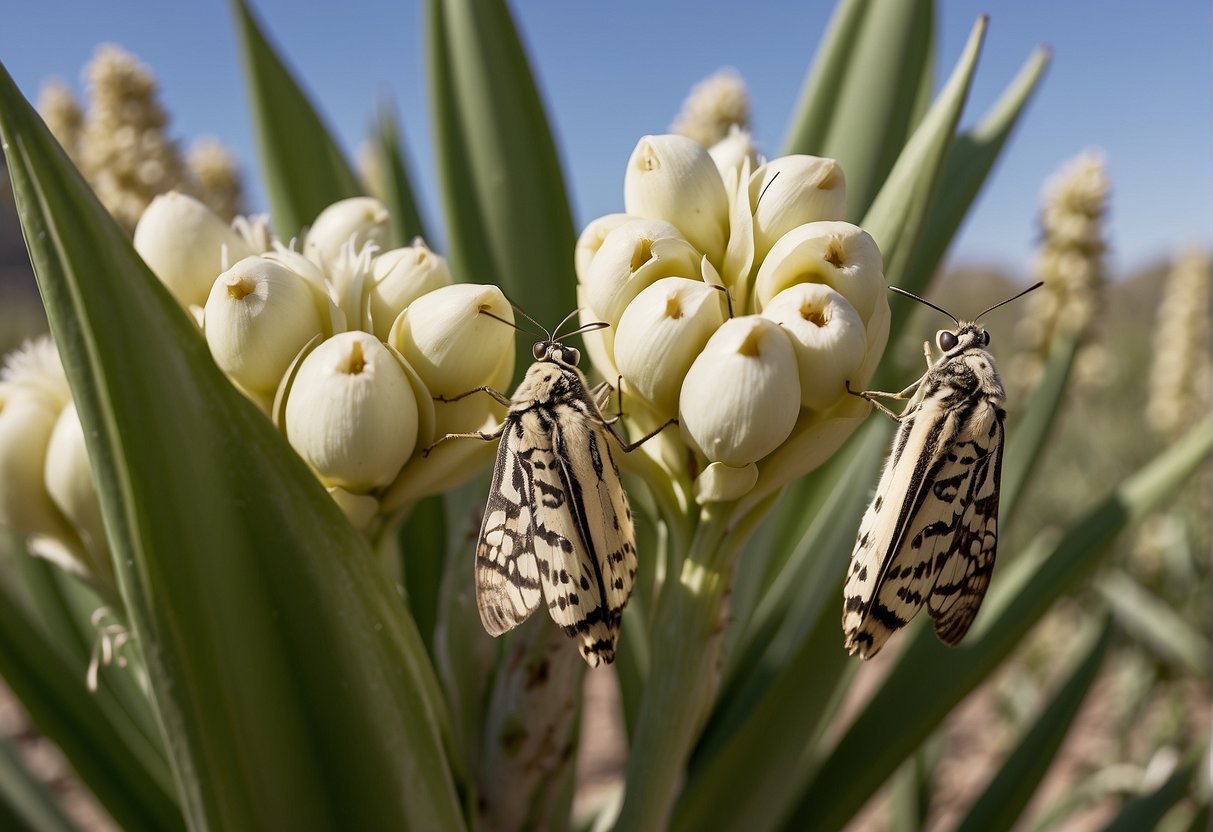Yucca moths pollinate yucca plants and lay eggs in their flowers, ensuring cross-pollination and seed production for the plants' survival