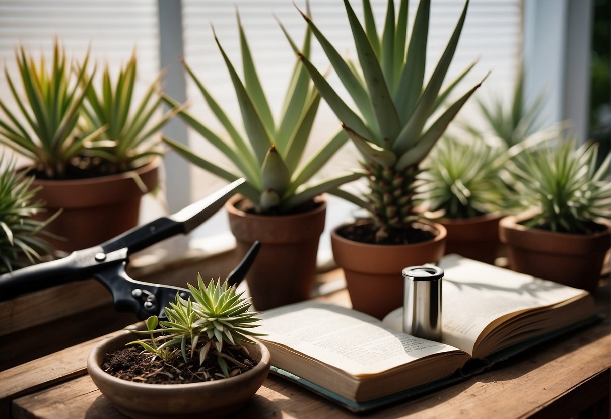 Yucca plants arranged with pruning shears, gloves, and a gardening book on a table