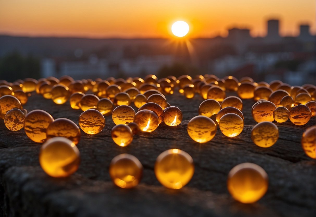 Die Sonne geht hinter einer Ansammlung bernsteinfarbener Grundstücke unter, wirft einen warmen Schein über die Gebäude und schafft eine ruhige und einladende Atmosphäre