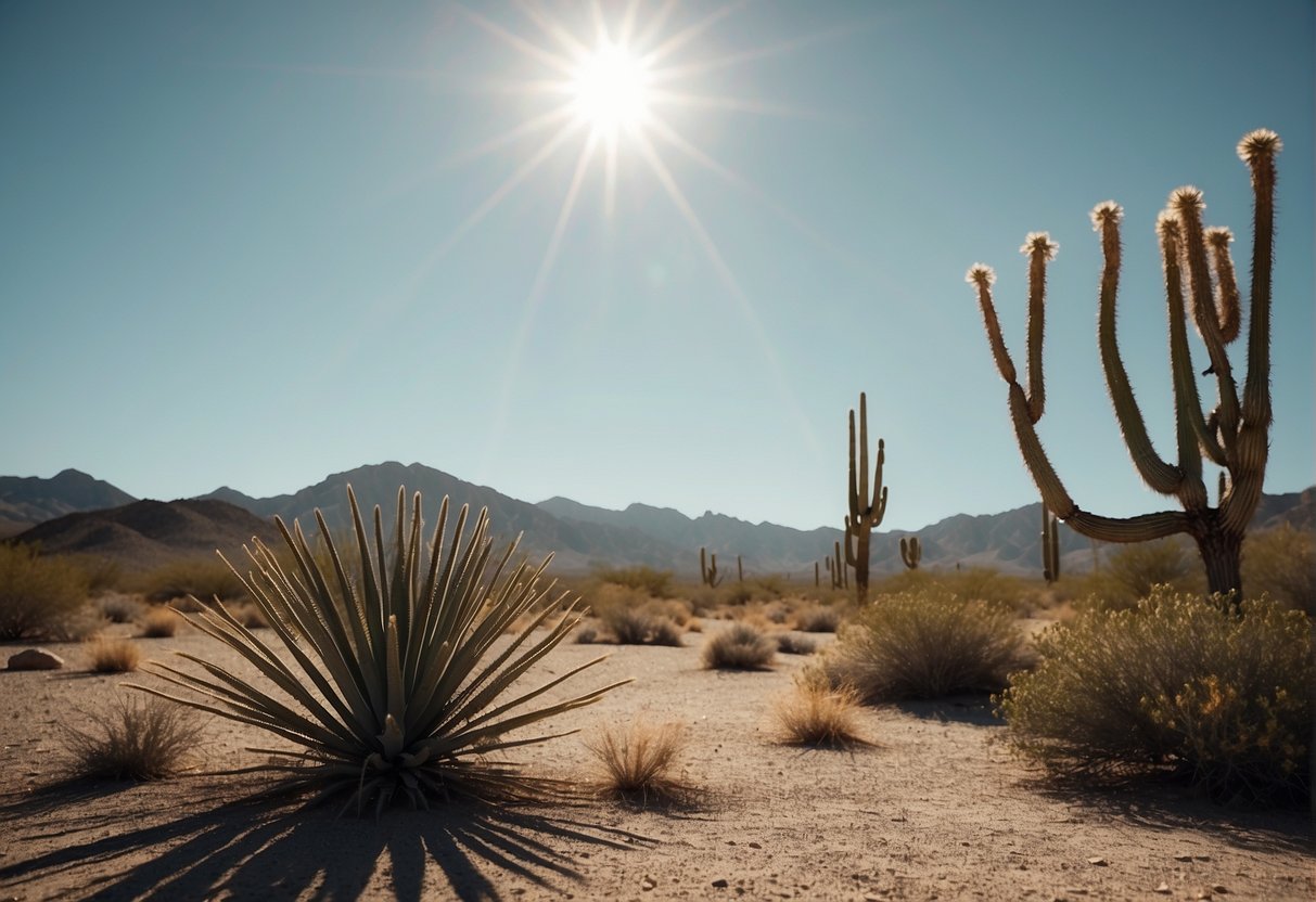 A desert landscape with rocky terrain, sparse vegetation, and a few yucca plants scattered around. The sun is high in the sky, casting harsh shadows on the ground
