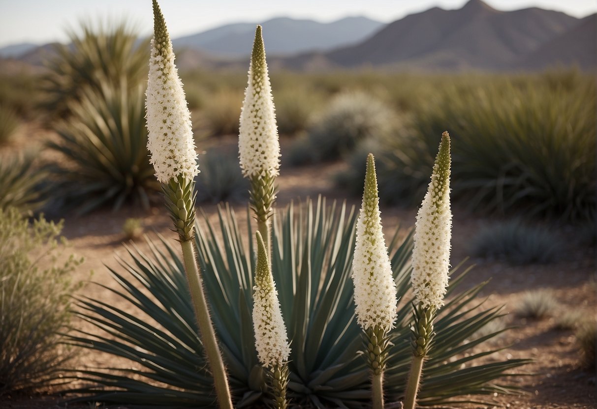 A desert landscape with yucca plants scattered throughout. The plants are tall with long, sword-shaped leaves and a central stalk of white flowers