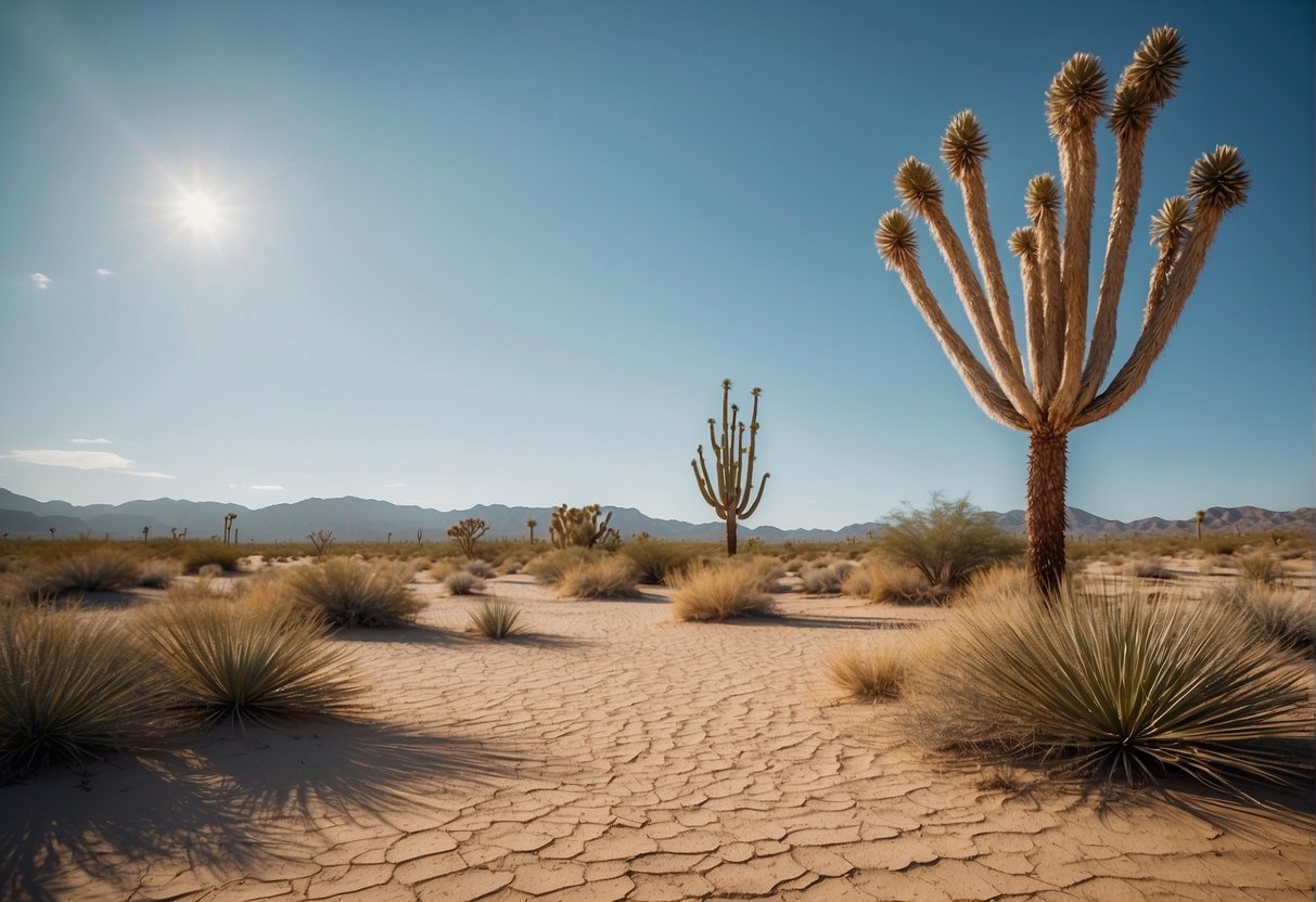 A desert landscape with dry, sandy soil and scattered yucca plants under a bright, cloudless sky