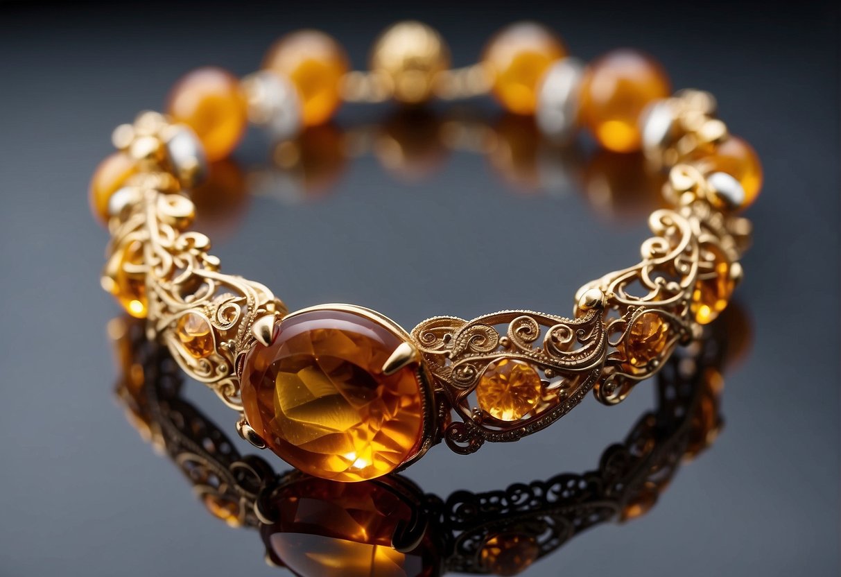 A glowing piece of amber surrounded by intricate jewelry and ornate decorations