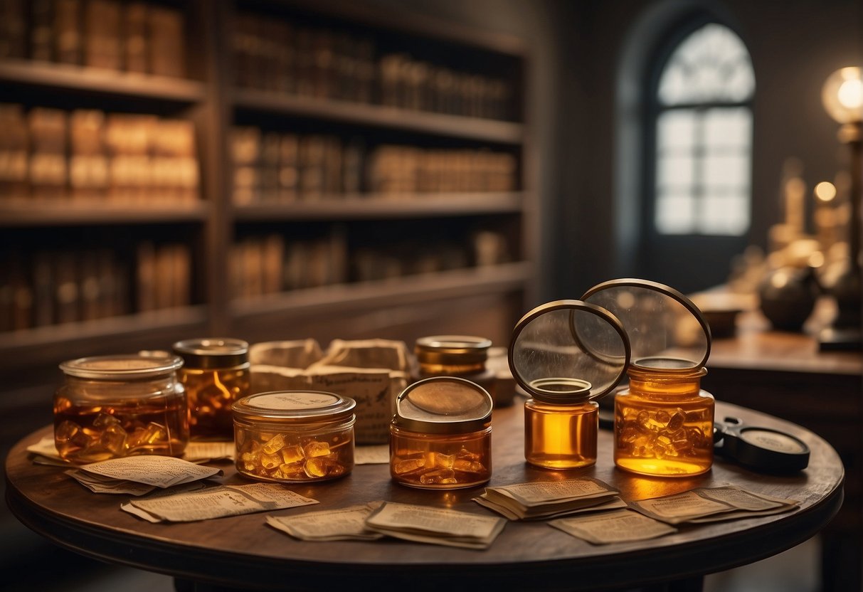 A table holds ancient amber samples, with a magnifying glass and scientific instruments nearby. Historical texts and diagrams line the walls, depicting amber properties