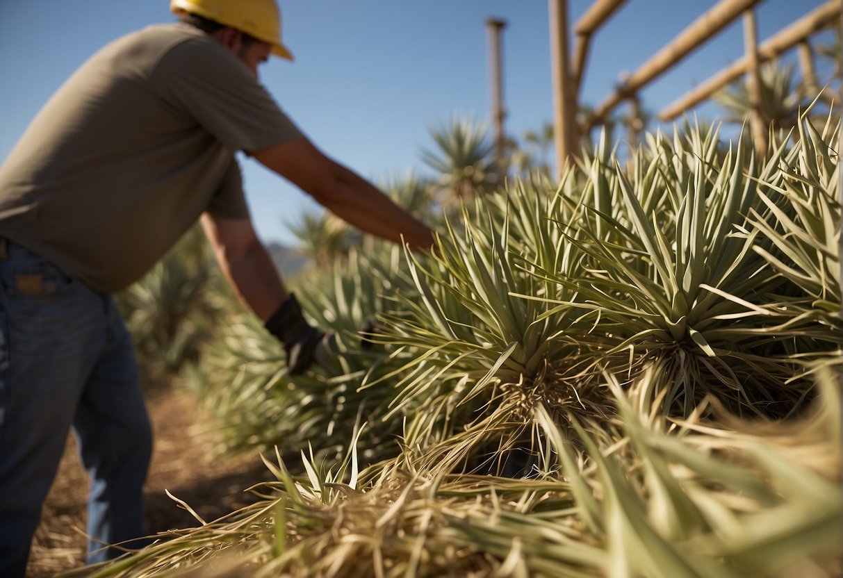 Yucca plants being harvested and processed into lashing material, with a demonstration of various lashing techniques being used in construction