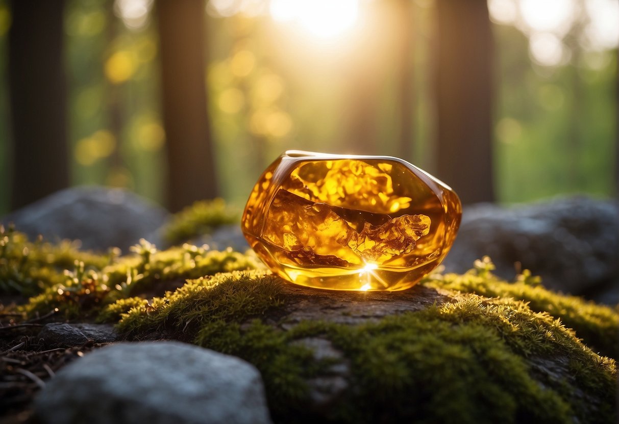 Amber properties radiate warmth and healing energy, surrounded by serene nature. A gentle glow emanates from the amber, creating a calm and peaceful atmosphere