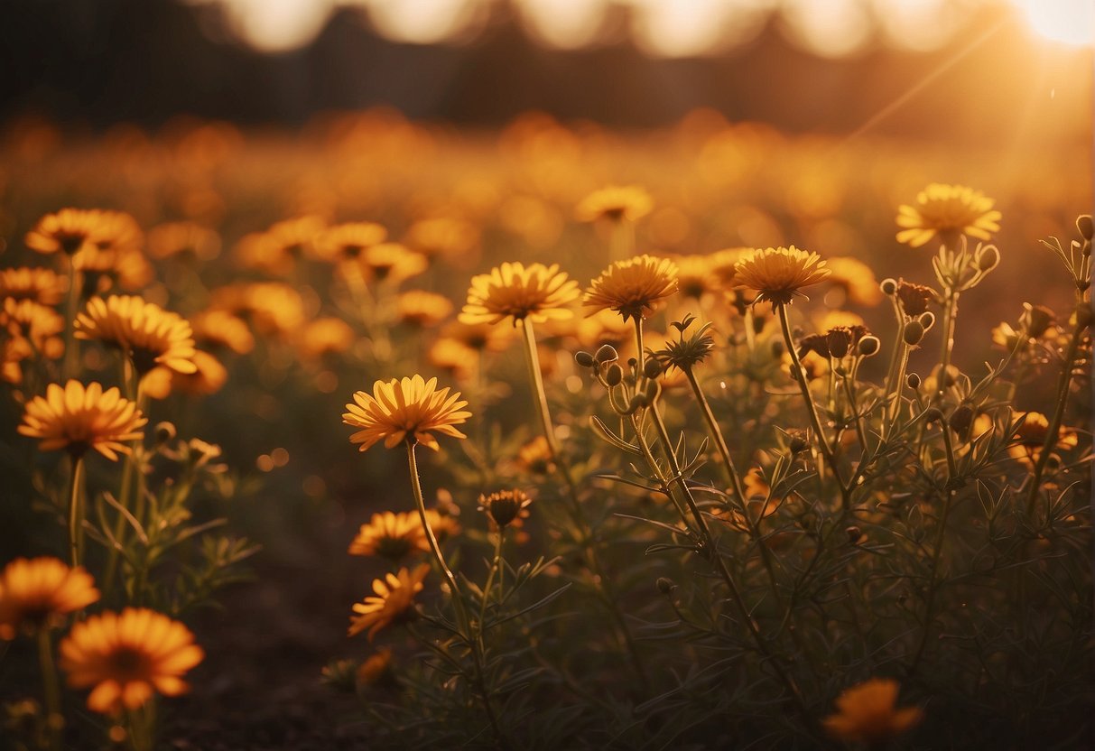 A warm sunset casts a golden glow on a field of amber-colored flowers, surrounded by rich earth tones and hints of fiery orange and deep gold