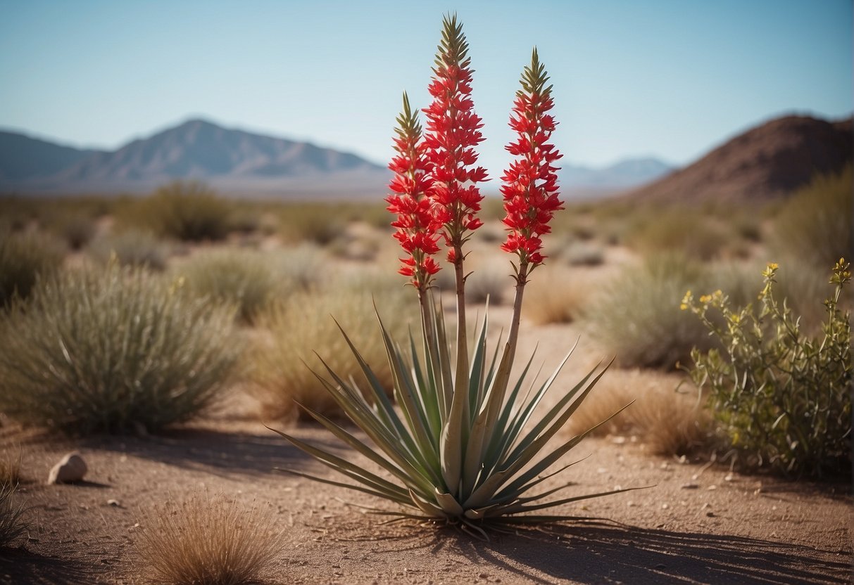 A fully bloomed red yucca plant with vibrant red flowers and long, slender green leaves, standing tall in a desert landscape