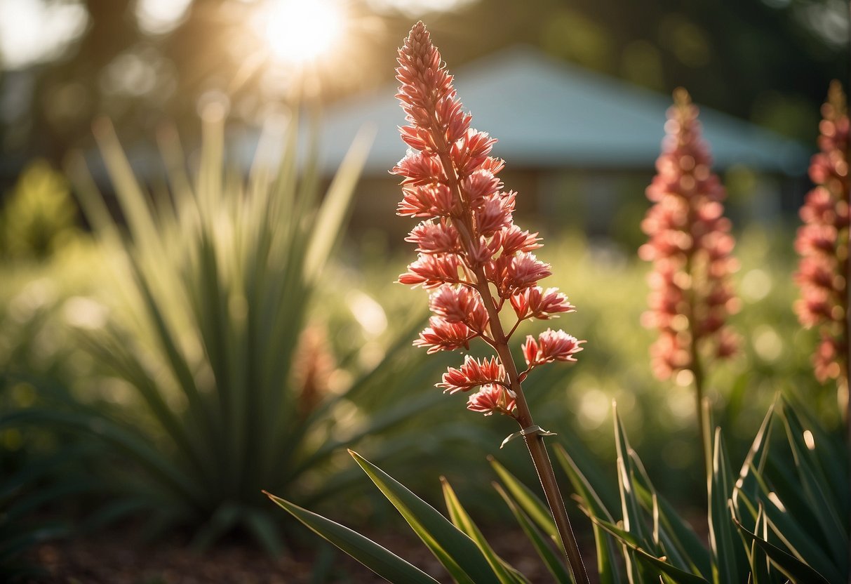 A mature red yucca plant with vibrant flowers stands tall against a backdrop of green foliage, with the sun casting a warm glow on the scene