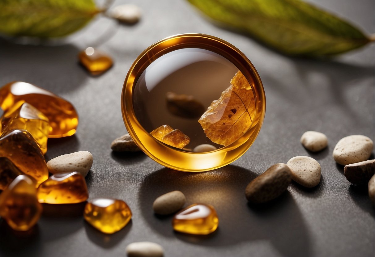 Amber pieces arranged on a soft cloth, surrounded by natural materials like leaves and twigs. A magnifying glass and polishing cloth nearby