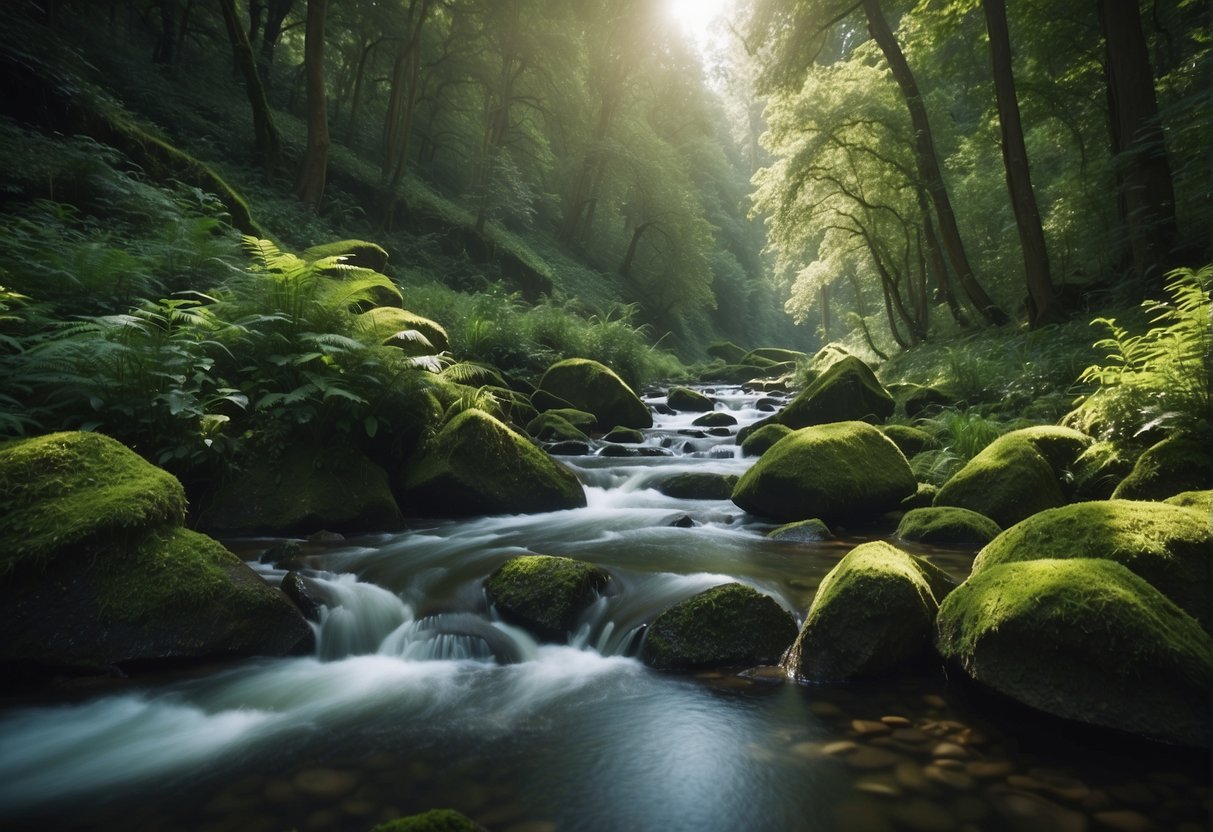 Lush green forest with diverse wildlife, clean air, and flowing rivers, surrounded by renewable energy sources and sustainable infrastructure