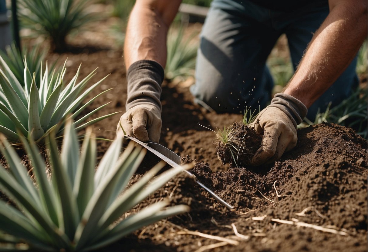 A person cutting and digging up yucca plants in a backyard garden in West Virginia