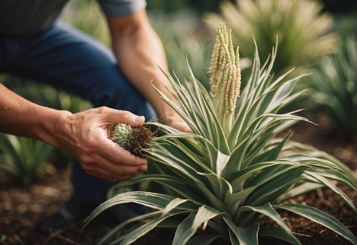 A person removes yucca plants from a garden in WV
