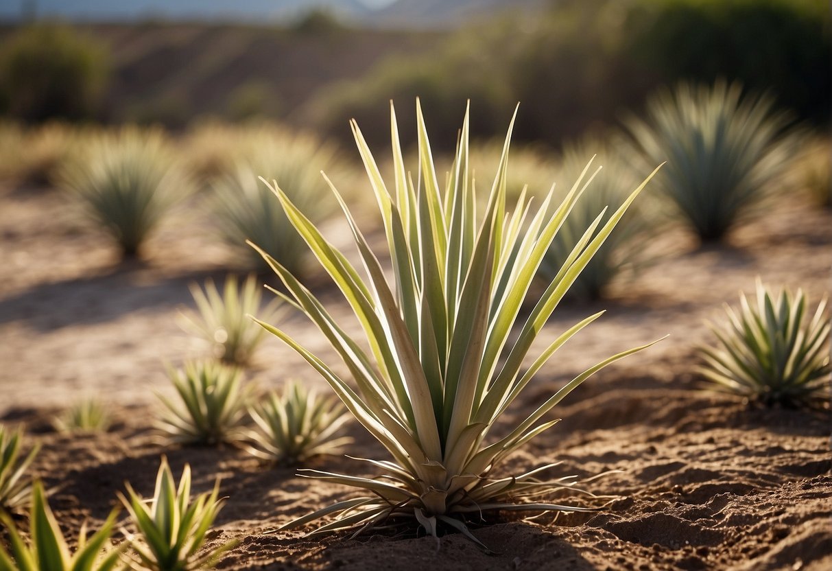 Sunlight bathes the yucca plants in a well-drained, sandy soil. Water sparingly, only when the soil is dry. Remove dead leaves and fertilize in spring
