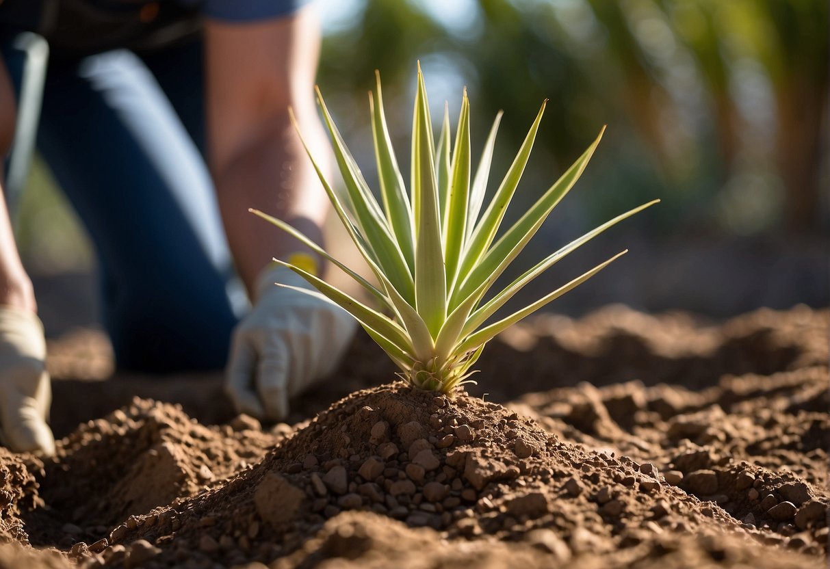 A yucca plant is being placed in well-draining soil in a sunny outdoor location. The soil is being gently packed around the base of the plant to ensure stability