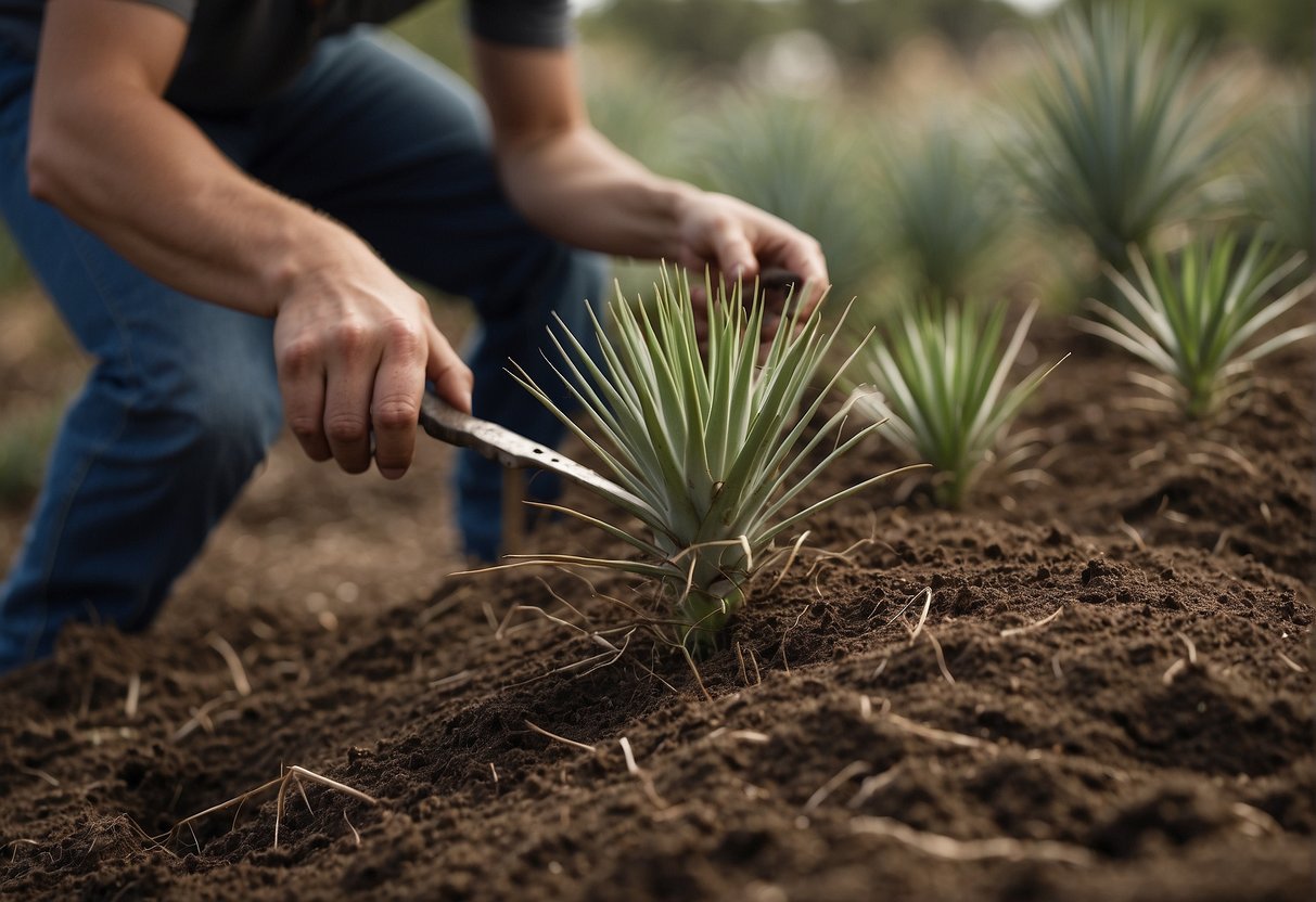 A person digs up yucca plants, removing all roots and disposing of them to prevent regrowth
