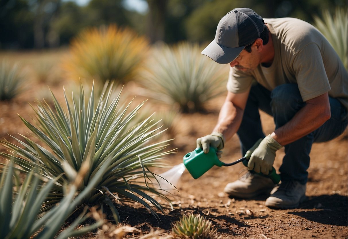 A person spraying herbicide on a patch of yucca plants, with wilted and dying plants surrounding the area