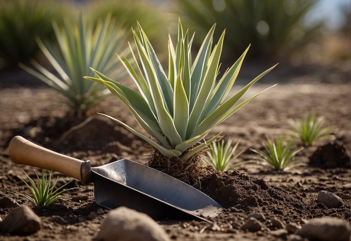 A yucca plant being uprooted and disposed of, with a shovel and gardening gloves nearby
