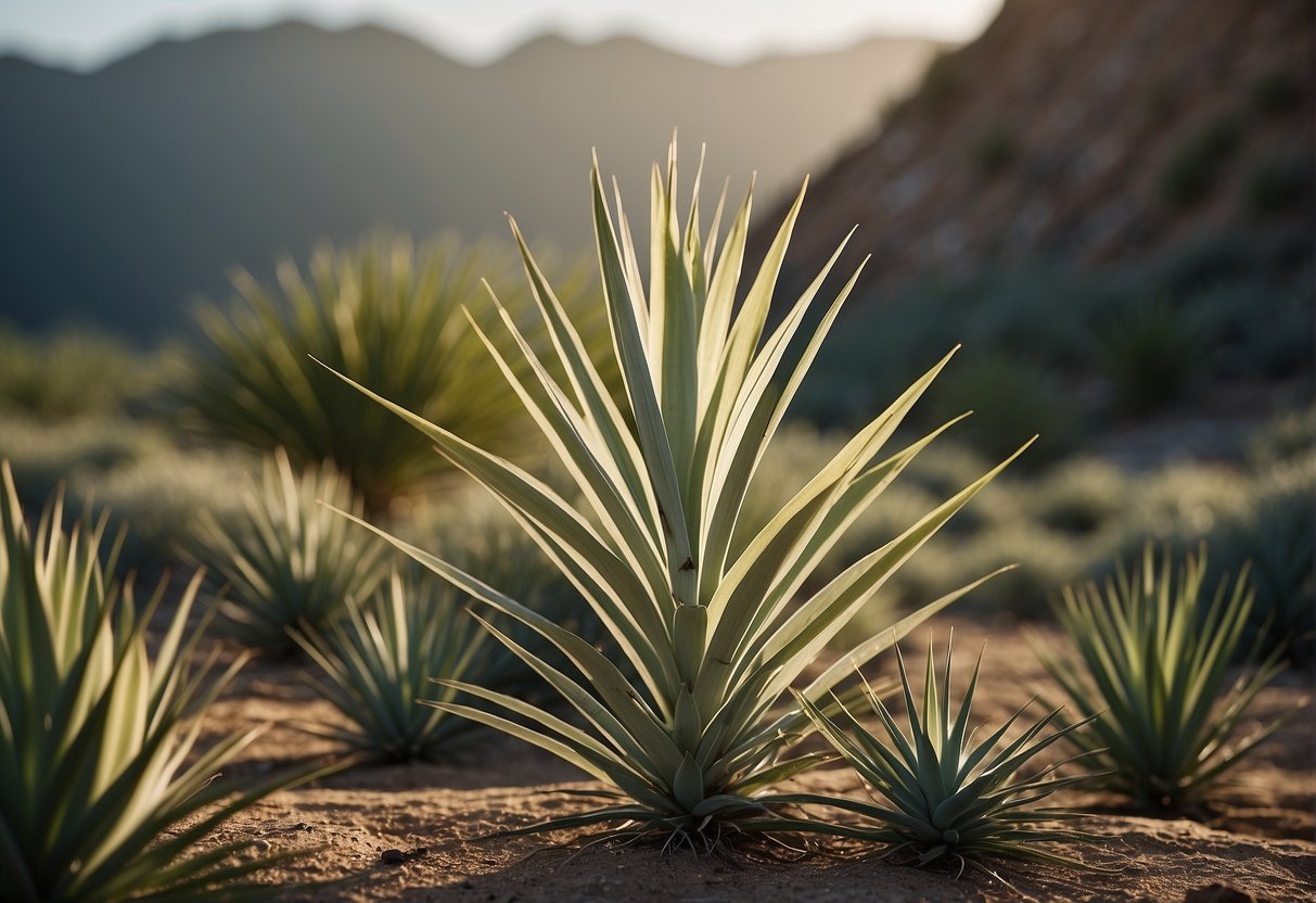 A yucca plant with multiple stems, one of which is being split from the main plant using a sharp tool