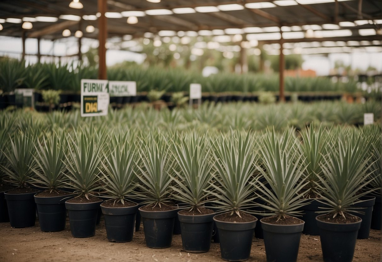 A crowded plant nursery with rows of yucca plants in pots, prices displayed, and a sign reading "Cheap Yucca Plants for Sale Near San Antonio."