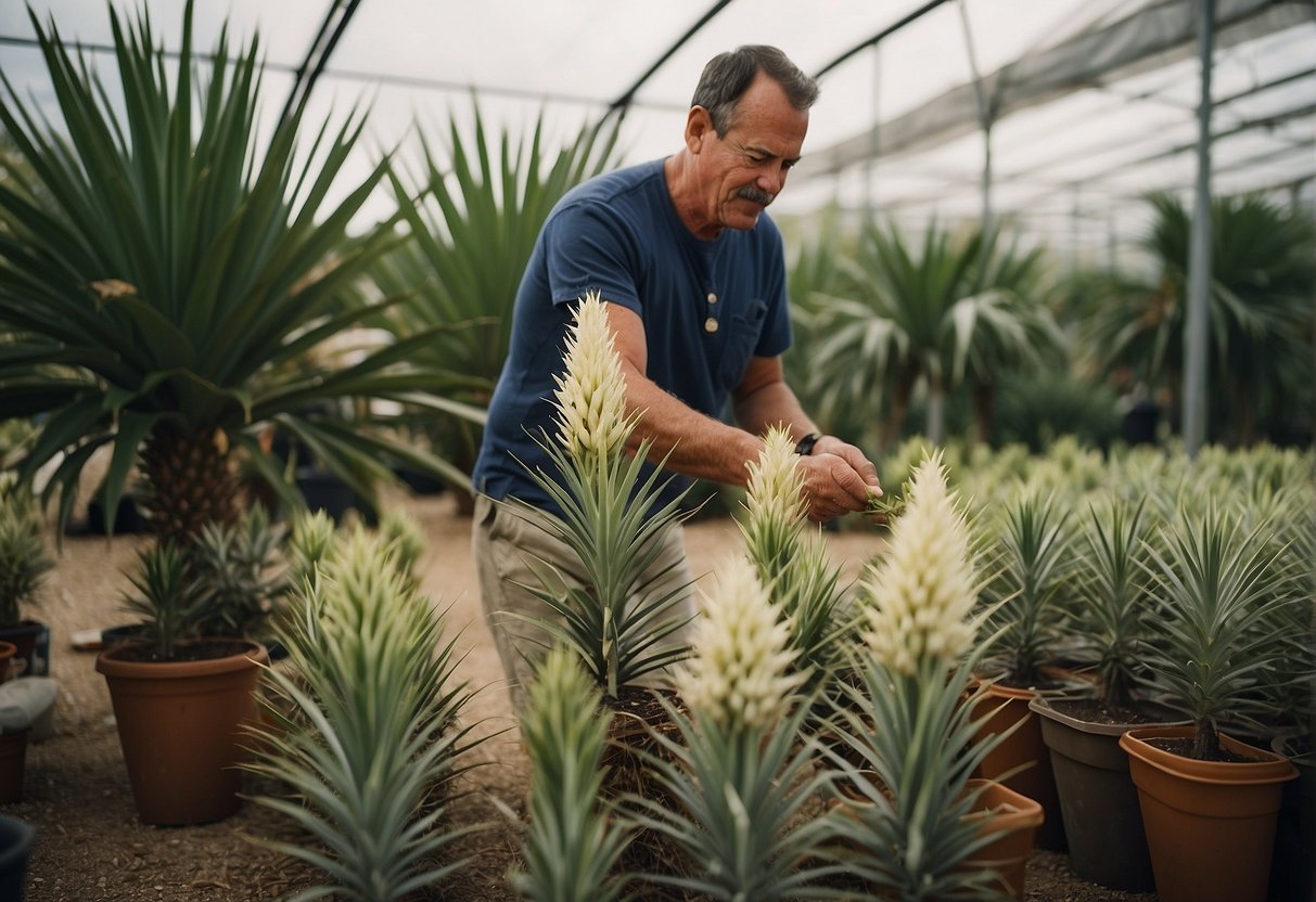 A customer carefully selects a healthy yucca plant from a variety of options at a local nursery near San Antonio