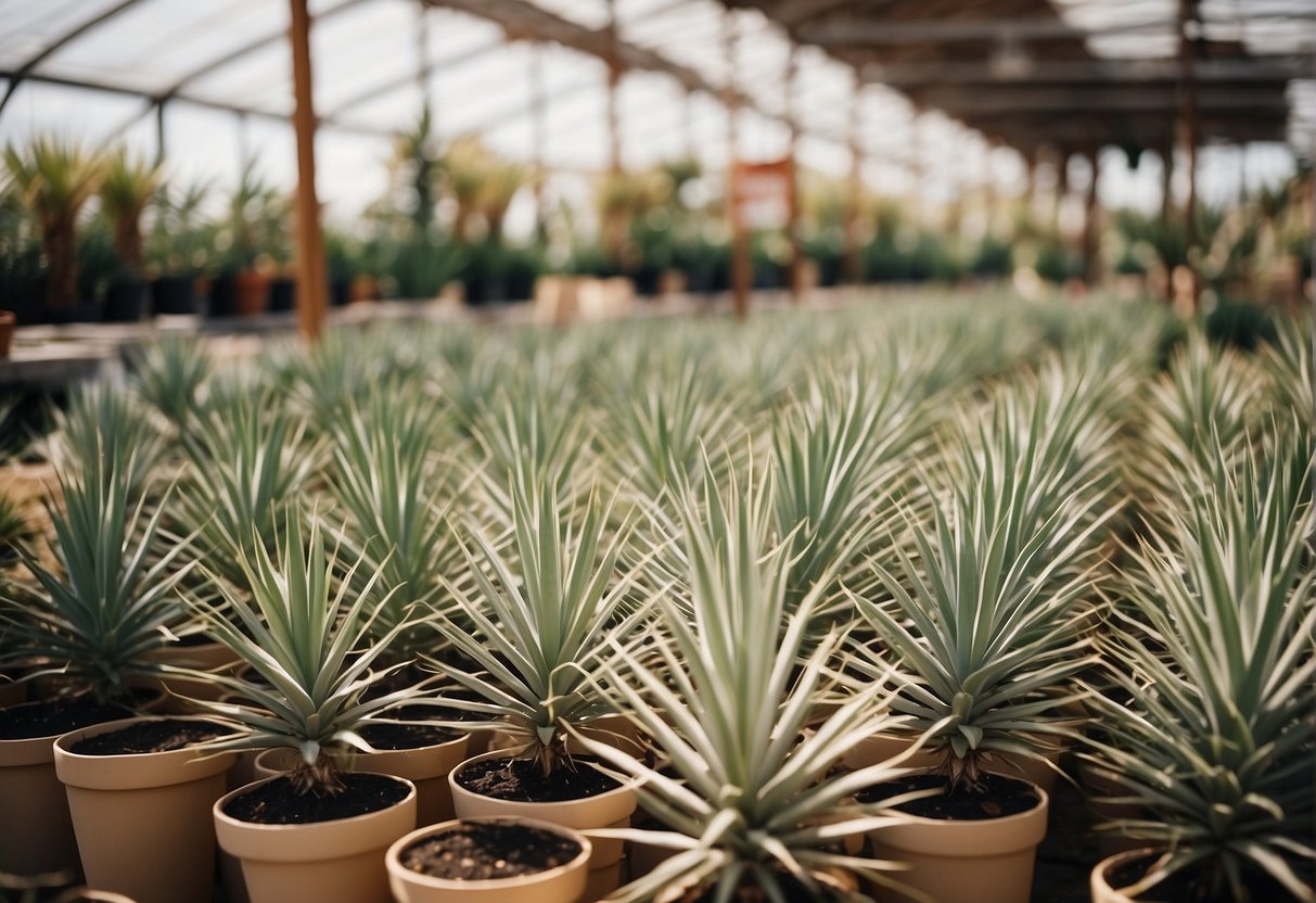 A garden center with rows of yucca plants in pots, labeled with prices, near San Antonio