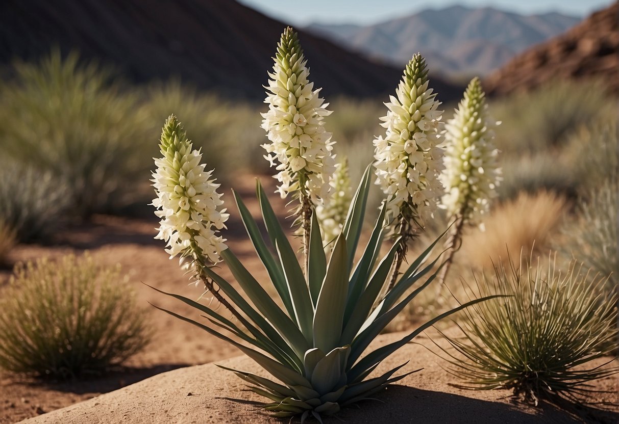 Yucca plants used for medicinal purposes, food, and as a natural fiber source. They thrive in arid climates, with long, sword-like leaves and tall, white flowers