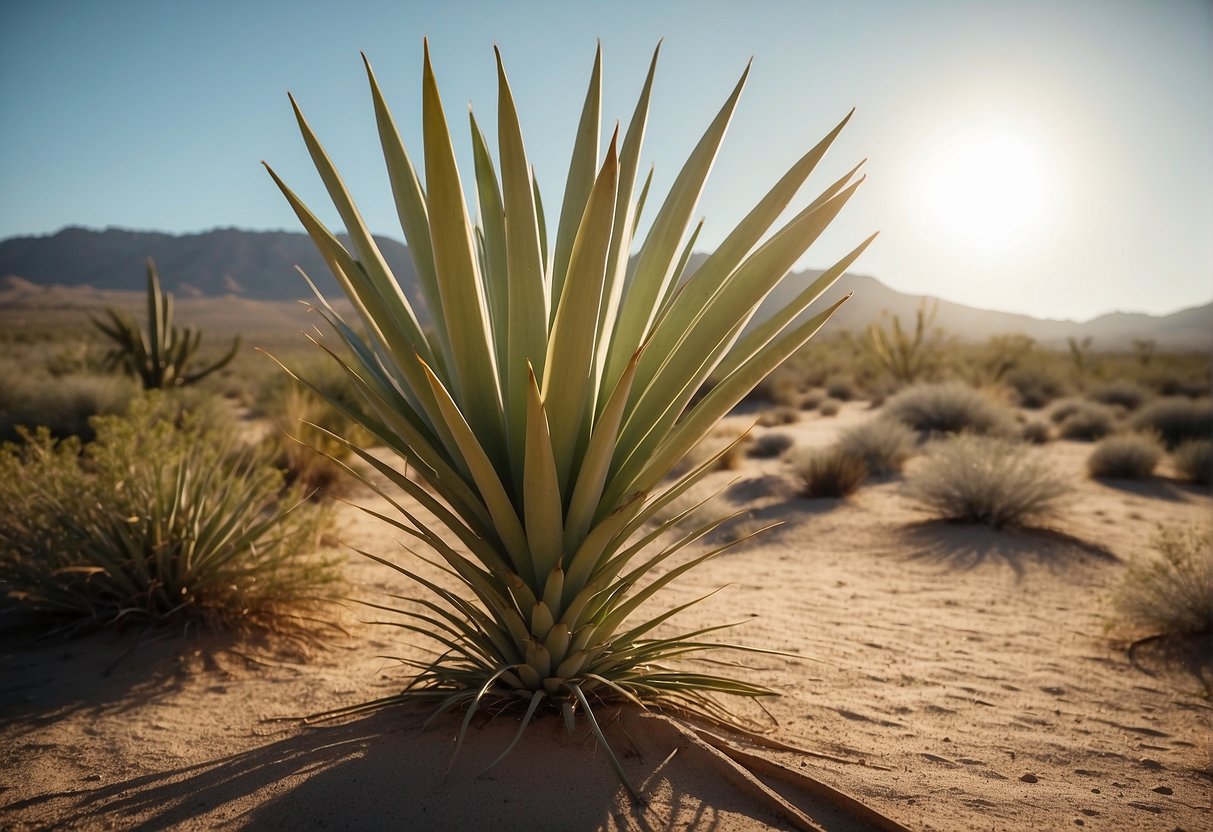 A yucca plant stands tall in a desert landscape, with its long, sword-like leaves reaching towards the sky. The sun shines down, casting a warm glow on the rugged terrain