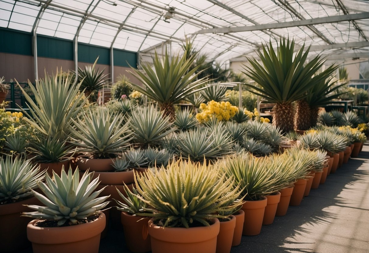 A garden center with rows of yucca plants in pots and hanging baskets, surrounded by other tropical and desert foliage