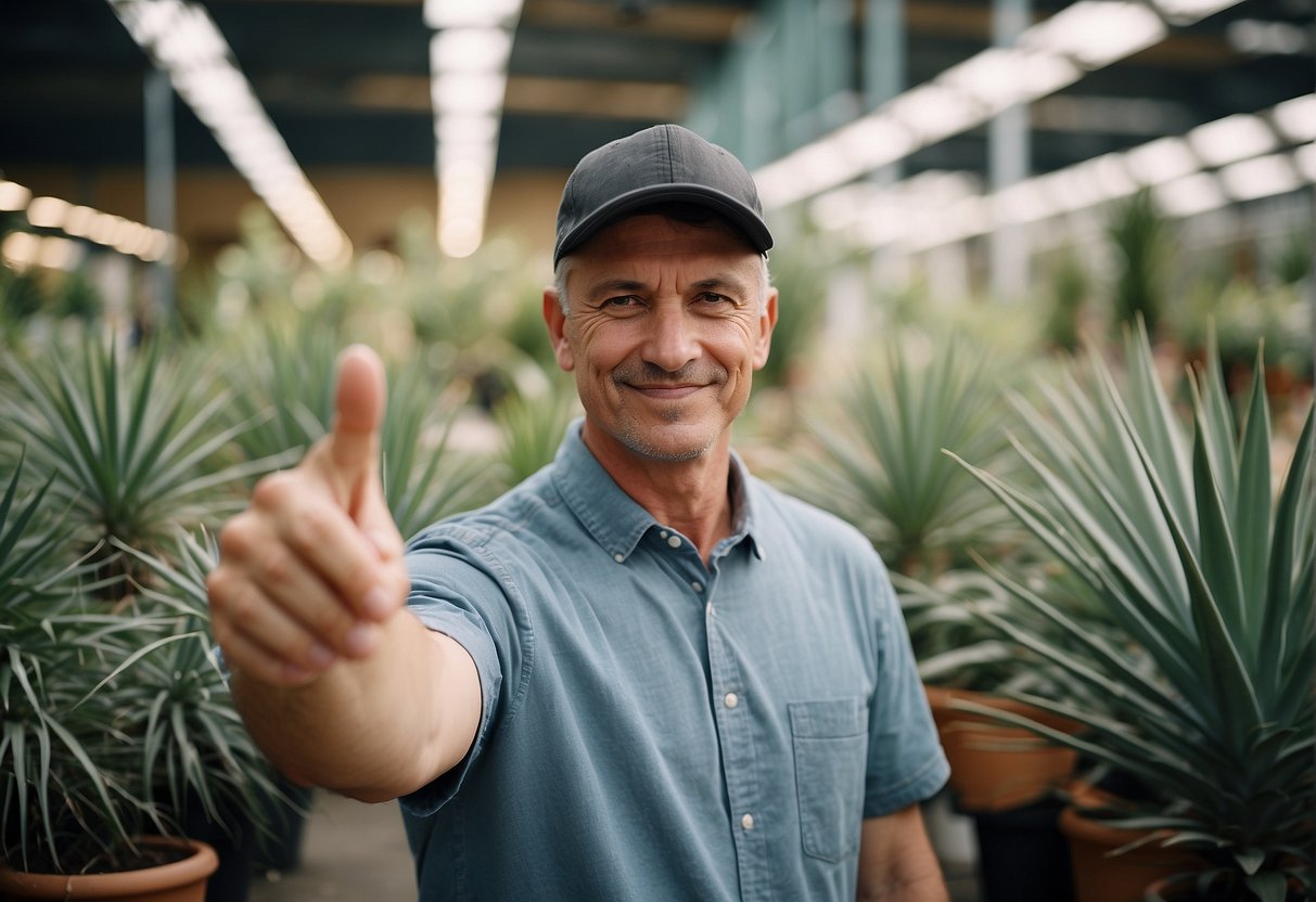 A person pointing to a yucca plant in a garden center