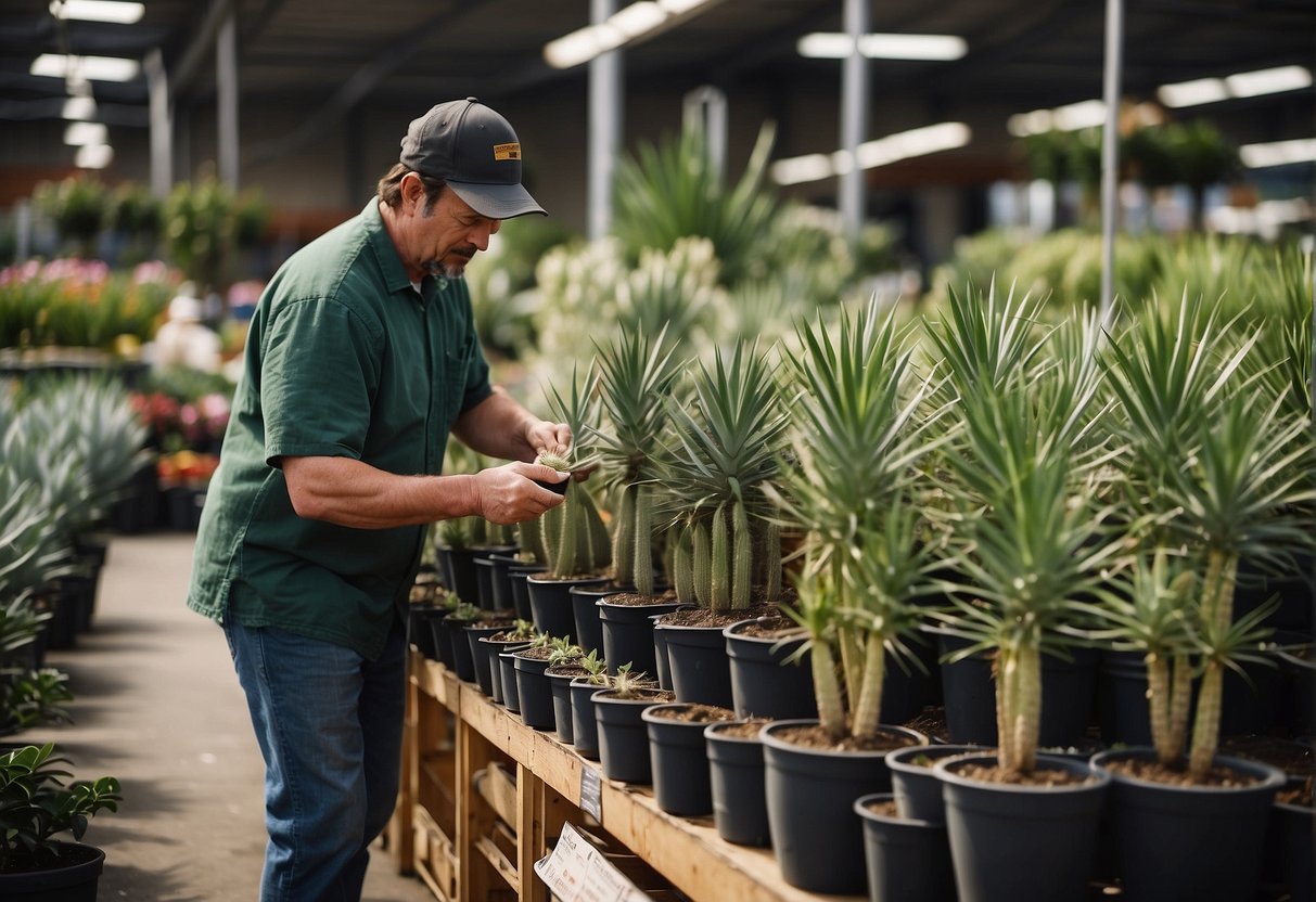 A garden center with rows of yucca plants displayed in pots, labeled with prices and care instructions. Customers browsing and a salesperson assisting