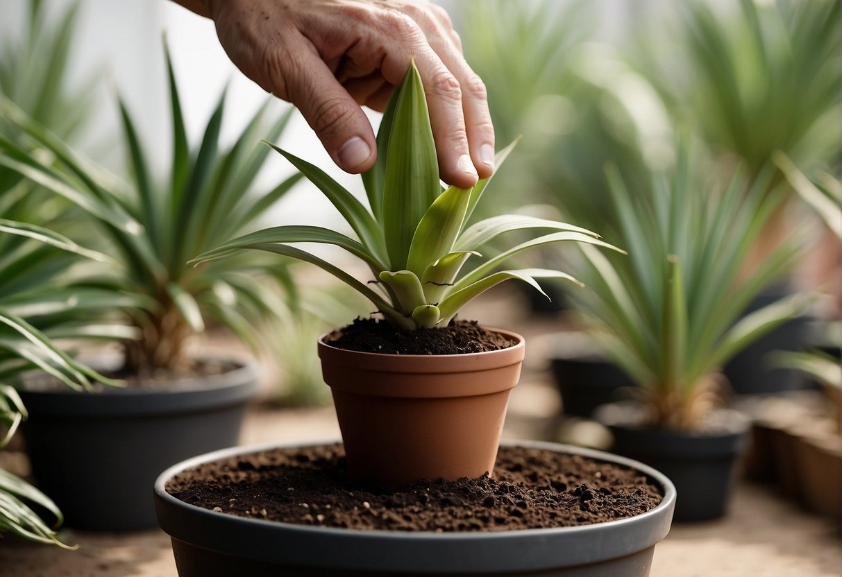 Yucca plant being carefully transplanted into a larger pot with fresh soil